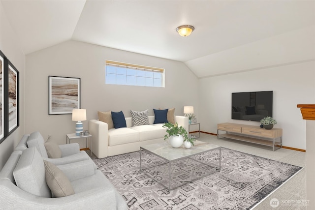 living room with light carpet and lofted ceiling