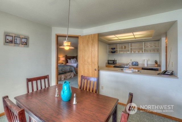 dining space with sink, a tray ceiling, and carpet floors