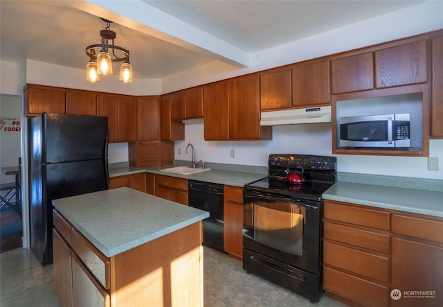 kitchen with sink, a center island, beamed ceiling, hanging light fixtures, and black appliances