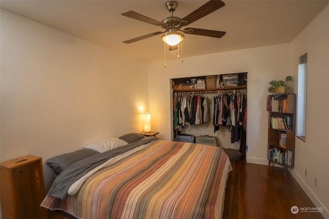 bedroom with ceiling fan, a closet, and dark hardwood / wood-style flooring