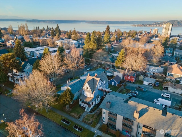 bird's eye view with a water view