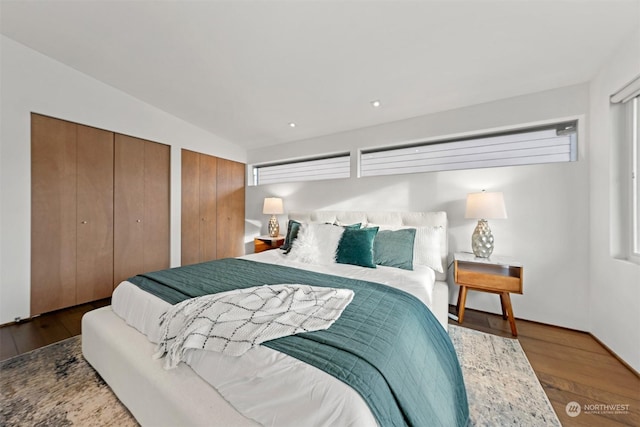 bedroom featuring multiple windows, wood-type flooring, and multiple closets