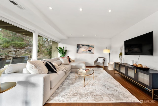 living room with dark wood-type flooring