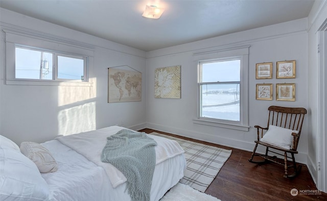 bedroom with dark hardwood / wood-style floors