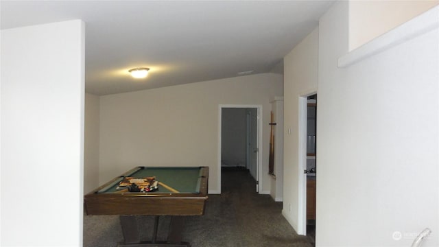 recreation room featuring dark colored carpet, vaulted ceiling, and billiards