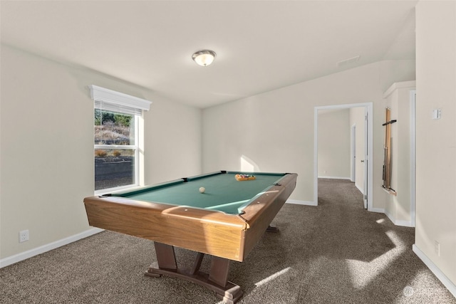 rec room with dark colored carpet, lofted ceiling, and pool table