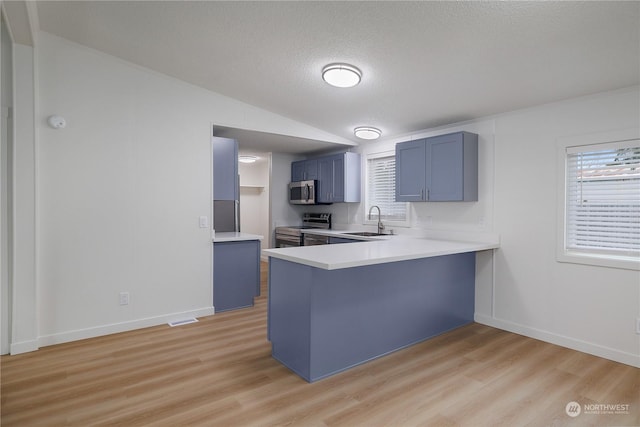 kitchen featuring kitchen peninsula, sink, stainless steel appliances, a textured ceiling, and blue cabinets