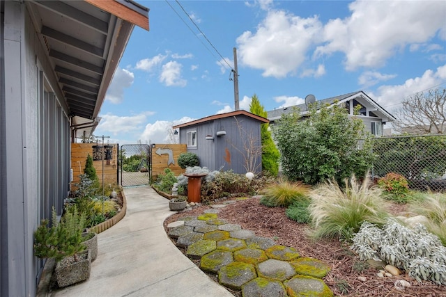 view of yard featuring a storage shed