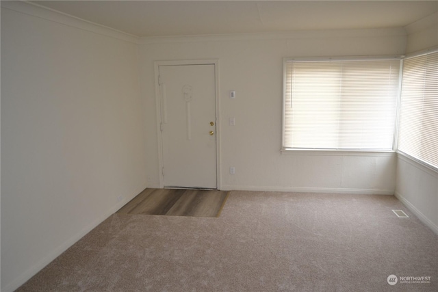 empty room with ornamental molding and carpet