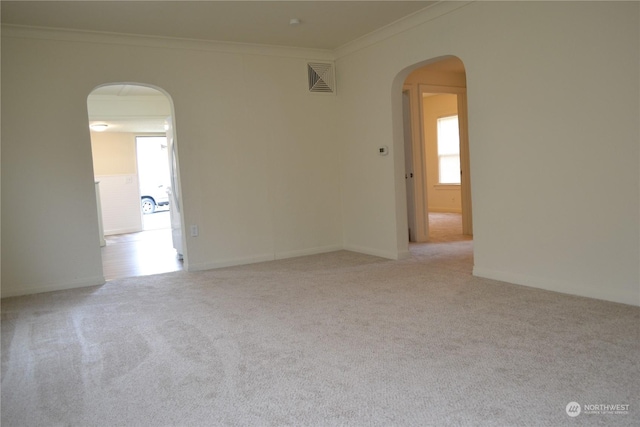 spare room featuring crown molding and light carpet