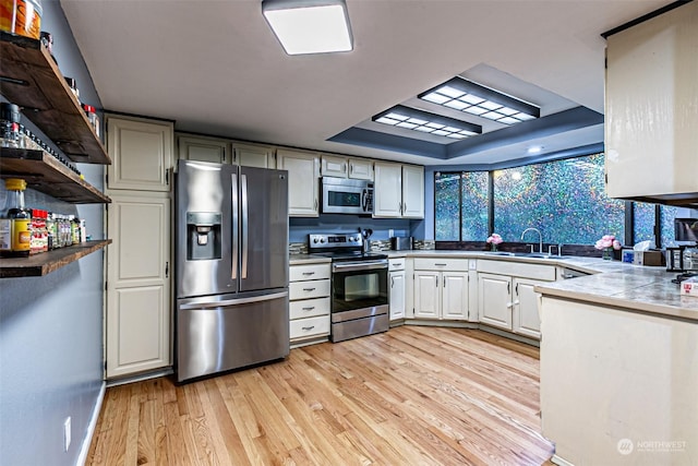 kitchen with light hardwood / wood-style flooring, tasteful backsplash, white cabinets, appliances with stainless steel finishes, and sink