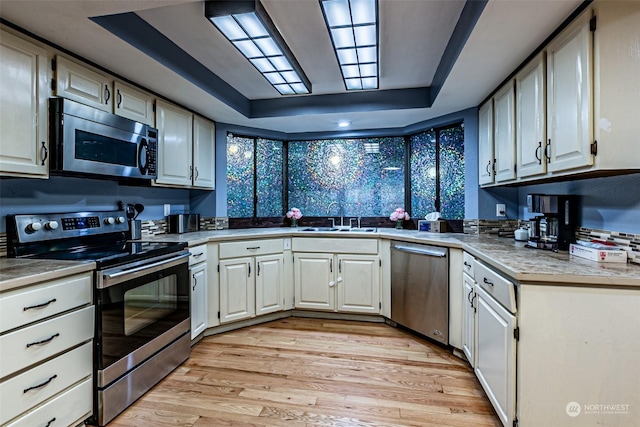 kitchen with stainless steel appliances, sink, white cabinets, a raised ceiling, and light hardwood / wood-style flooring