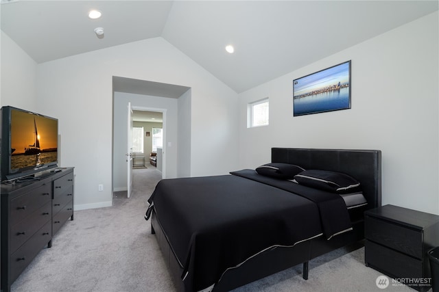 bedroom featuring recessed lighting, baseboards, light carpet, and lofted ceiling