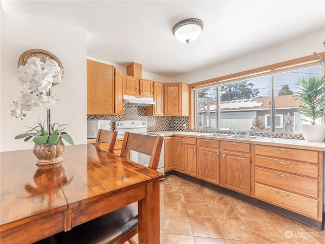 kitchen featuring light tile patterned flooring, white electric range, backsplash, and sink