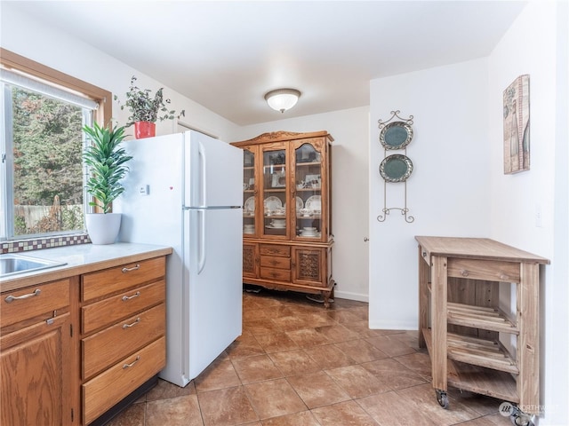 kitchen with sink and white refrigerator