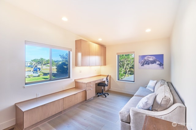 home office featuring light hardwood / wood-style flooring and vaulted ceiling