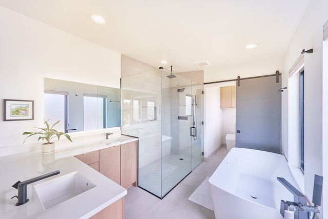 full bathroom with toilet, vanity, independent shower and bath, and a healthy amount of sunlight