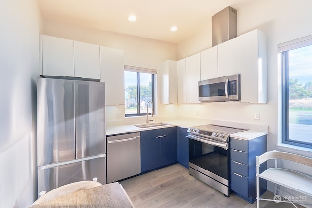 kitchen with appliances with stainless steel finishes, sink, blue cabinetry, and white cabinetry