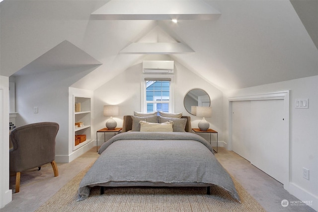 bedroom featuring light colored carpet, a closet, vaulted ceiling with beams, and a wall mounted AC