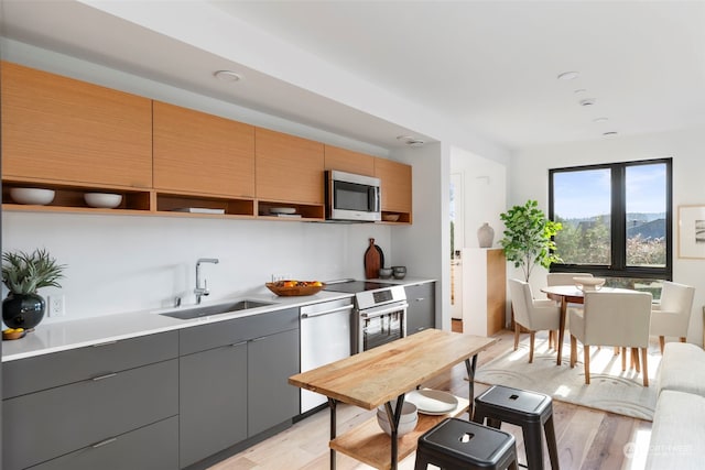 kitchen with sink, stainless steel appliances, light wood-type flooring, and gray cabinets