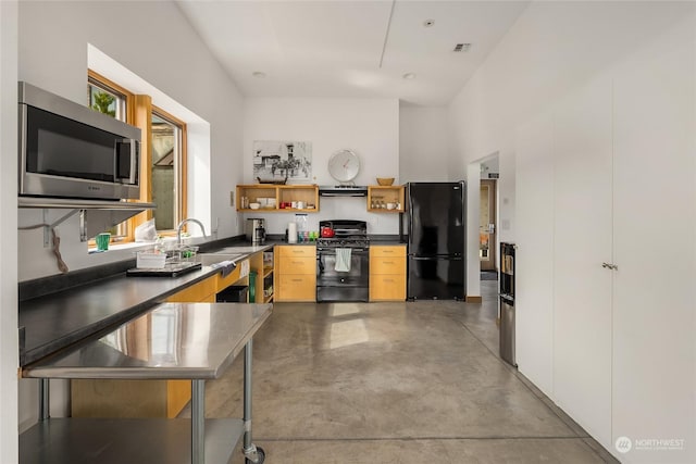 kitchen featuring black appliances, ventilation hood, and sink