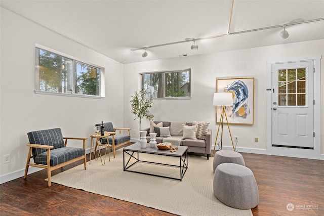 living room with track lighting and dark hardwood / wood-style floors