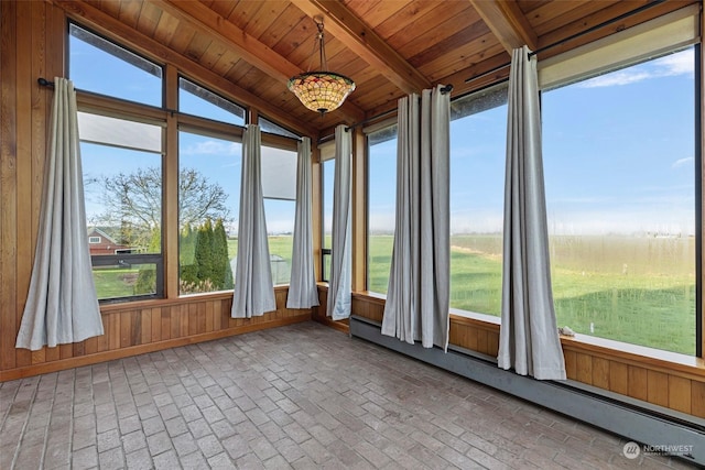 unfurnished sunroom with a baseboard heating unit, wood ceiling, and vaulted ceiling with beams