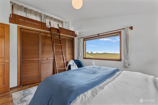 bedroom featuring hardwood / wood-style floors and a closet