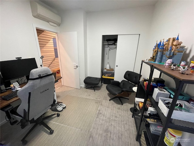 office space with carpet floors, ceiling fan, and a wall mounted air conditioner