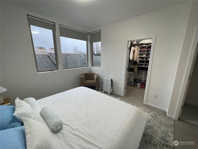 bedroom featuring a closet, a spacious closet, and radiator heating unit