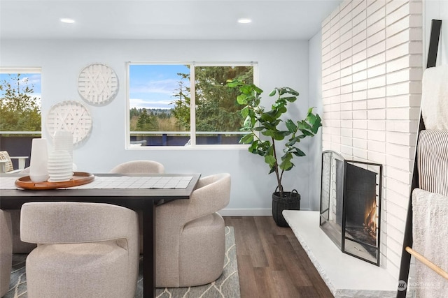 dining room with a fireplace, dark hardwood / wood-style floors, and plenty of natural light