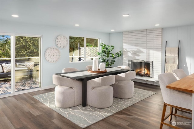 dining room featuring dark hardwood / wood-style floors and a large fireplace