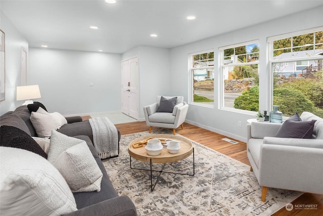 living room featuring plenty of natural light and light hardwood / wood-style flooring