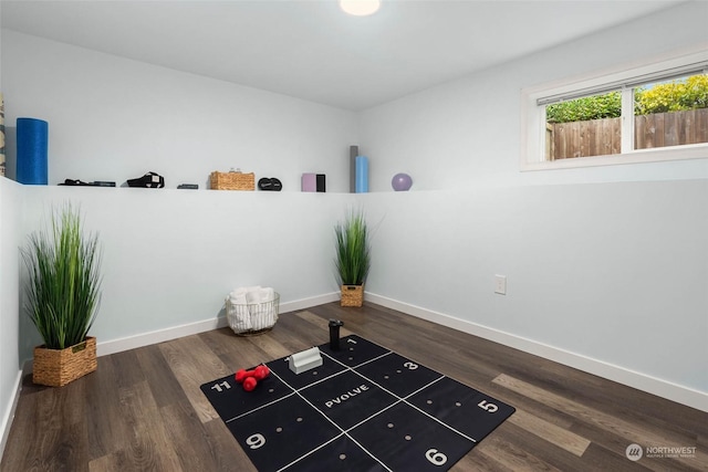 workout area featuring dark hardwood / wood-style flooring