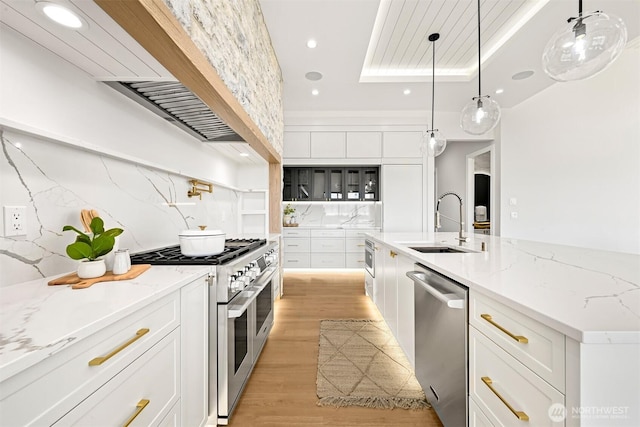 kitchen with backsplash, a tray ceiling, light wood-style flooring, appliances with stainless steel finishes, and a sink