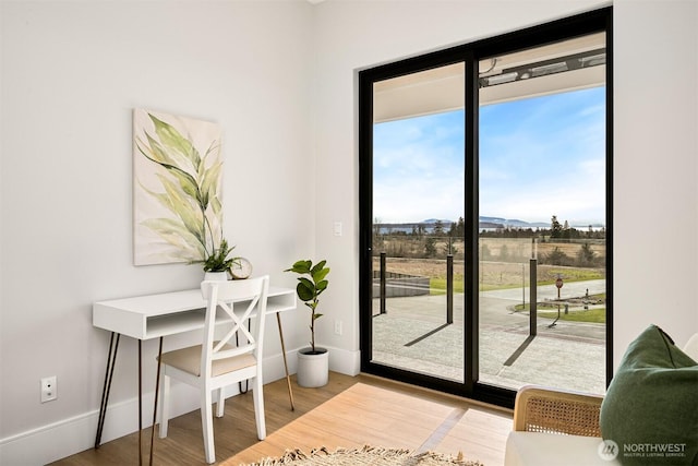 doorway featuring baseboards and wood finished floors