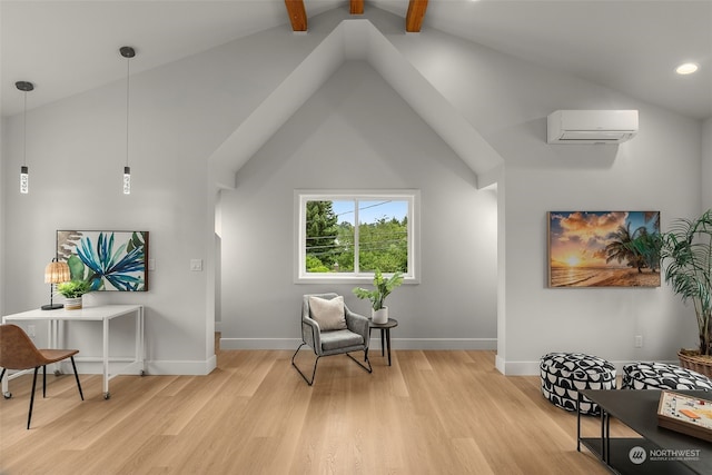 living area featuring light wood-type flooring, lofted ceiling with beams, and a wall unit AC