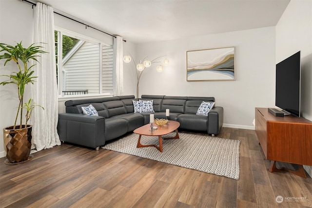 living room with dark hardwood / wood-style flooring