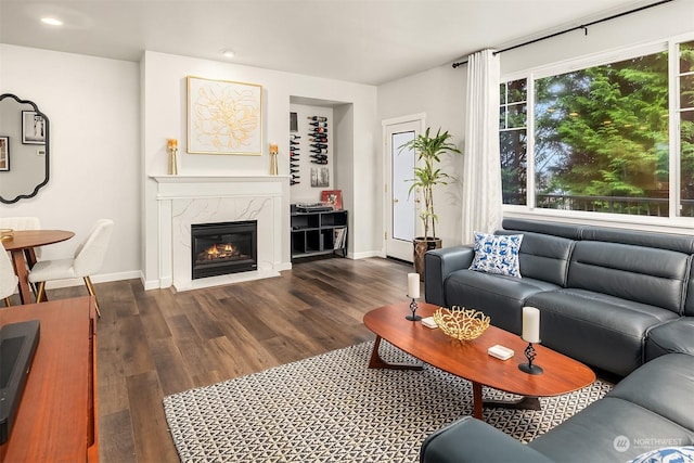 living room with dark hardwood / wood-style flooring and a fireplace