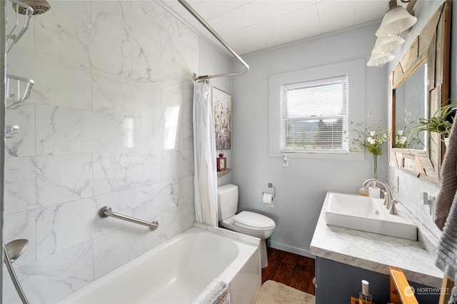 full bathroom with shower / bath combo, toilet, vanity, and wood-type flooring