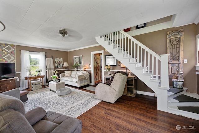 living room with ceiling fan, dark wood-type flooring, and crown molding