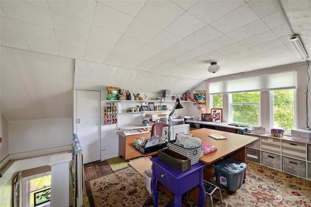 office with lofted ceiling and hardwood / wood-style flooring