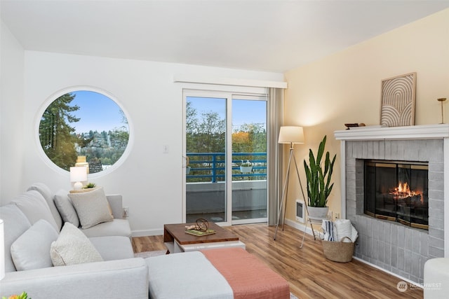 living room featuring a fireplace and hardwood / wood-style flooring