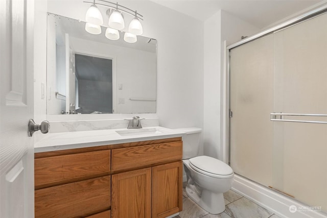 bathroom with tile patterned floors, walk in shower, toilet, and vanity