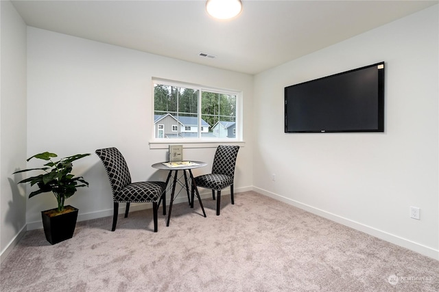 sitting room featuring light carpet