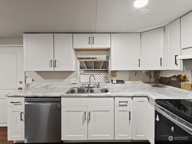 kitchen with electric stove, light stone counters, sink, white cabinetry, and stainless steel dishwasher