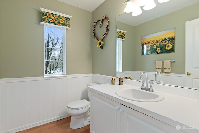 bathroom with vanity, toilet, and hardwood / wood-style floors