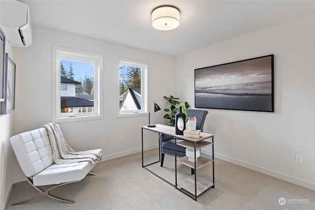 carpeted office featuring a wall mounted air conditioner