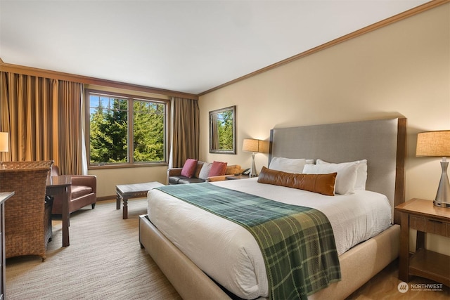 carpeted bedroom with crown molding