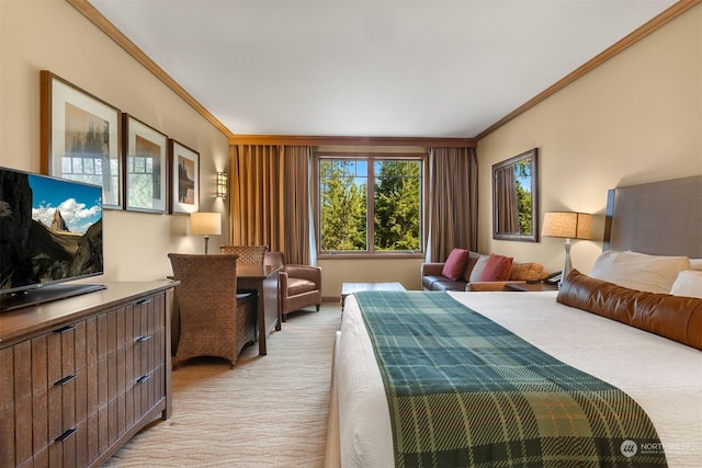 bedroom featuring ornamental molding and light carpet